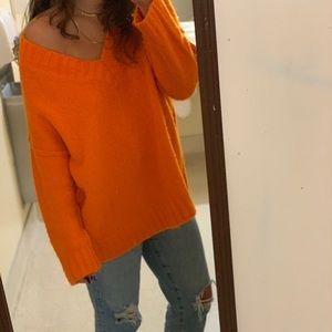 Zara Bright Orange Oversized V Neck Knit Sweater